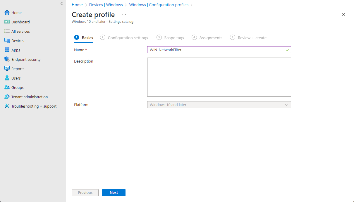 Settings catalog profile name and configuration